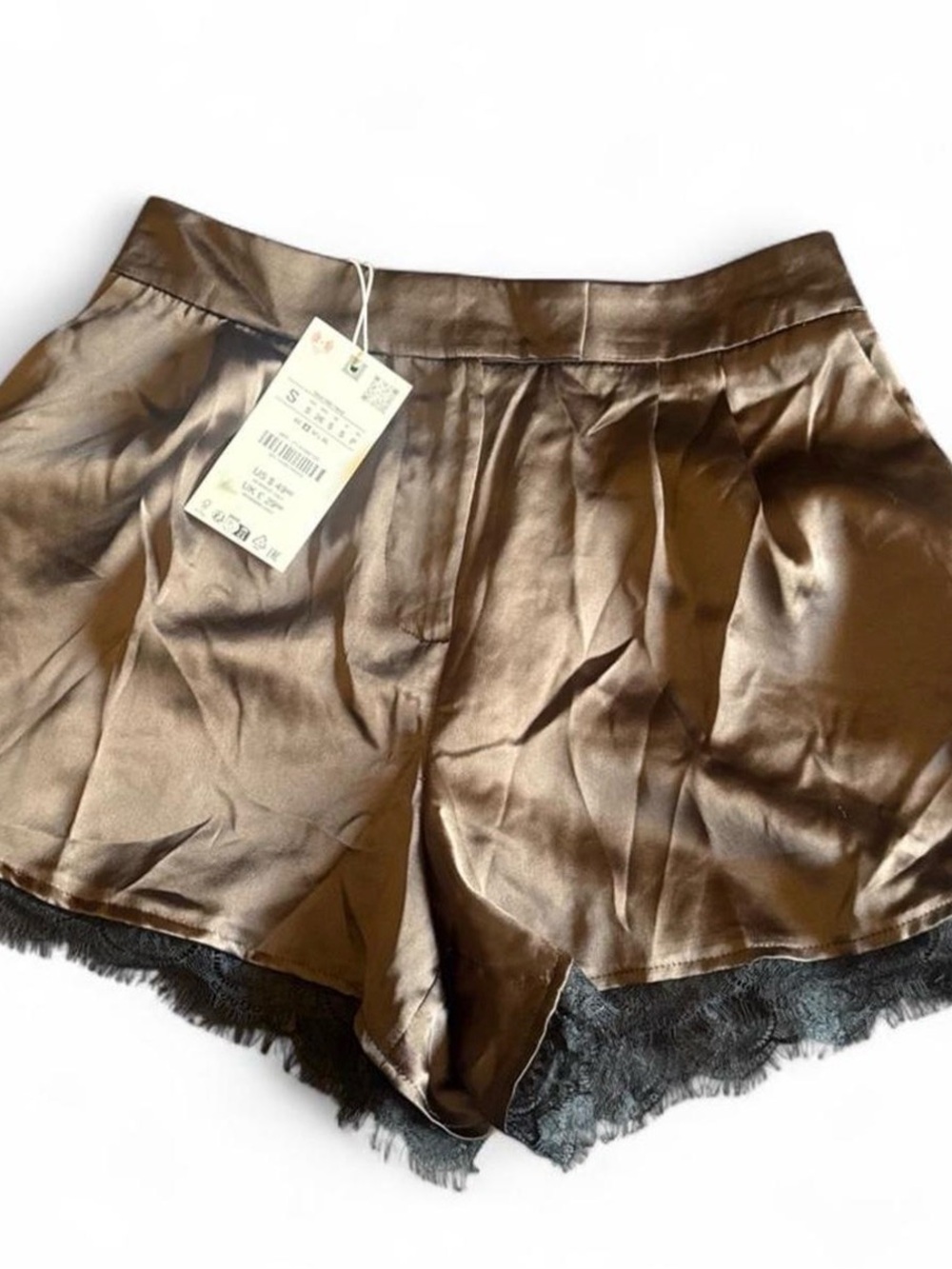 Zara Brown Satin Lace-Trim Women's Shorts NWT